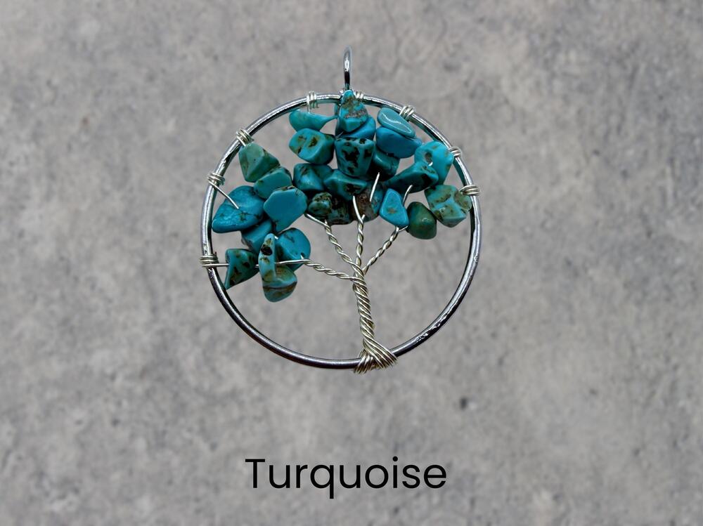 Turquoise Tree of Life Silver Necklace Crystal Pendant Fairycore Boho